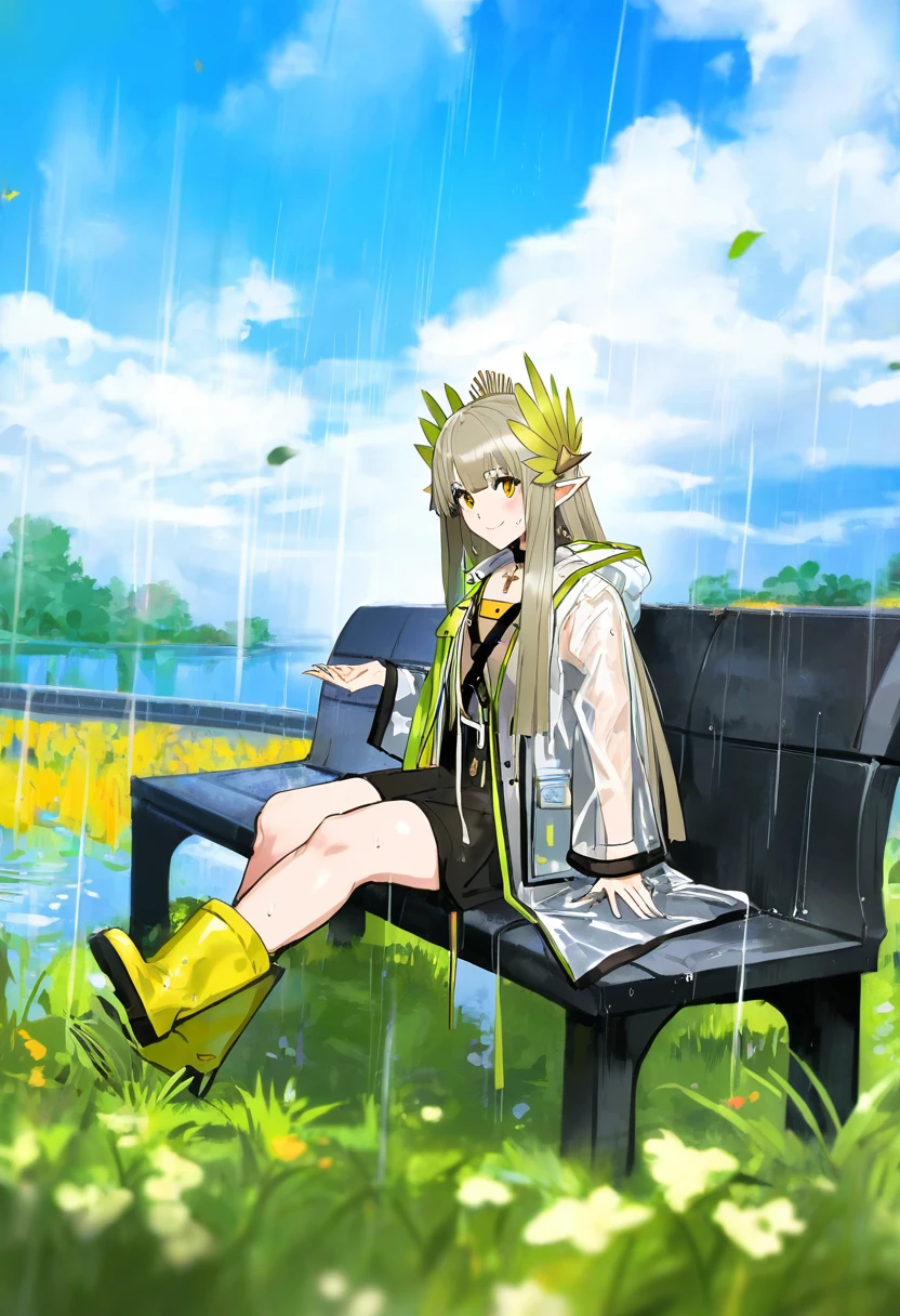[melon22],(((kincora))),yoneyama mai,[alchemaniac],((batako,38)),kunaboto,elun \(meido\), - 1girl,muelsyse \(arknights\),arknights,cloudy sky,grass,on bench,outdoors,rain,road,yellow rubber boots,see-through coat,sitting,transparent raincoat,water drop,