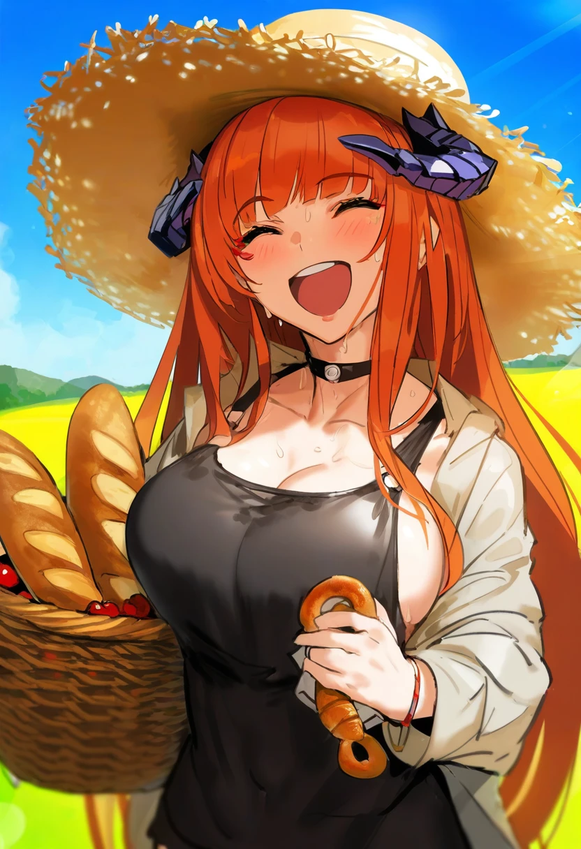 [melon22],(((kincora))),yoneyama mai,[alchemaniac],((batako,38)),kunaboto,elun \(meido\), - 1girl,bagpipe \(arknights\),arknights,baguette,blush,bread,croissant,holding basket,pretzel,upper body,straw hat,field,sky,laughing,sweat,sunlight,