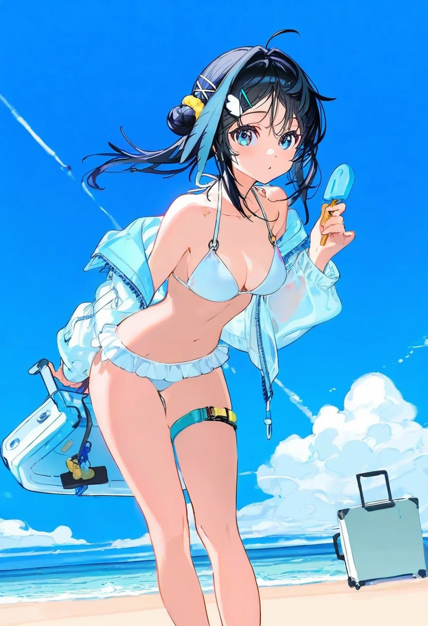 [yoneyama mai],[mika pikazo],[[ciloranko]],[sho \(sho lwlw\)], - 1girl,la pluma \(summer flowers\) \(arknights\),arknights,white bikini,outdoors,navel,day,sky,blue sky,beach,suitcase,looking at viewer,ocean,low-tied long hair,leaning forward,standing,holding,frills,hand up,bare shoulders,floating hair,