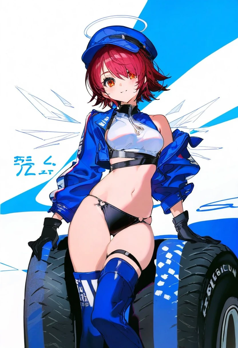 [yoneyama mai],[mika pikazo],[[ciloranko]],[sho \(sho lwlw\)], - 1girl,exusiai \(arknights\),arknights,black gloves,black panties,blue thigh boots,blue hat,blue jacket,long sleeves,race queen,thigh strap,thong,single bare shoulder,skindentation,tire,