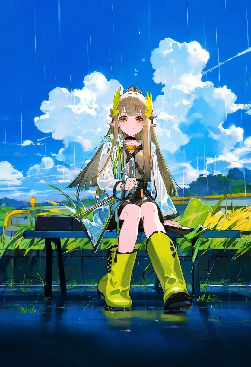 [yoneyama mai],[mika pikazo],[[ciloranko]],[sho \(sho lwlw\)], - 1girl,muelsyse \(arknights\),arknights,cloudy sky,grass,on bench,outdoors,rain,road,yellow rubber boots,see-through coat,sitting,transparent raincoat,water drop,