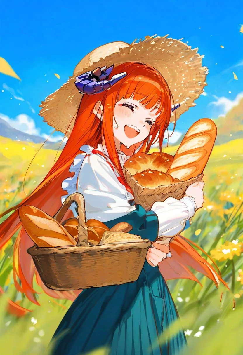 [yoneyama mai],[mika pikazo],[[ciloranko]],[sho \(sho lwlw\)], - 1girl,bagpipe \(arknights\),arknights,baguette,blush,bread,croissant,holding basket,pretzel,upper body,straw hat,field,sky,laughing,sweat,sunlight,