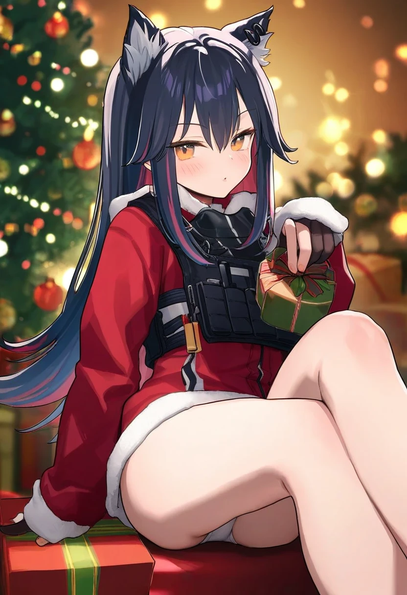 (minaba hideo),ningen mame,[tianliang duohe fangdongye],rokita,[[bee \(deadflow\)]],mignon, - 1girl,texas \(arknights\),arknights,underwear,tactical vest,christmas tree,christmas ornaments,