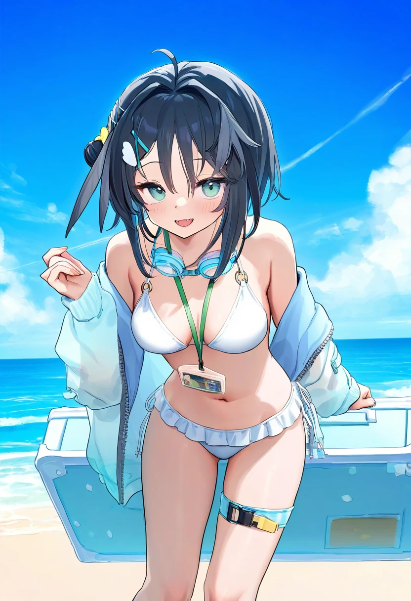 (minaba hideo),ningen mame,[tianliang duohe fangdongye],rokita,[[bee \(deadflow\)]],mignon, - 1girl,la pluma \(summer flowers\) \(arknights\),arknights,white bikini,outdoors,navel,day,sky,blue sky,beach,suitcase,looking at viewer,ocean,low-tied long hair,leaning forward,standing,holding,frills,hand up,bare shoulders,floating hair,