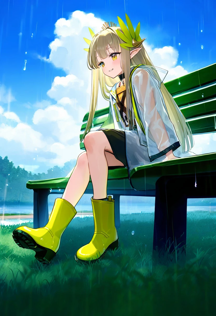 (minaba hideo),ningen mame,[tianliang duohe fangdongye],rokita,[[bee \(deadflow\)]],mignon, - 1girl,muelsyse \(arknights\),arknights,cloudy sky,grass,on bench,outdoors,rain,road,yellow rubber boots,see-through coat,sitting,transparent raincoat,water drop,