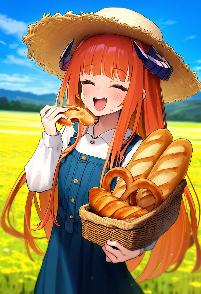 (minaba hideo),ningen mame,[tianliang duohe fangdongye],rokita,[[bee \(deadflow\)]],mignon, - 1girl,bagpipe \(arknights\),arknights,baguette,blush,bread,croissant,holding basket,pretzel,upper body,straw hat,field,sky,laughing,sweat,sunlight,