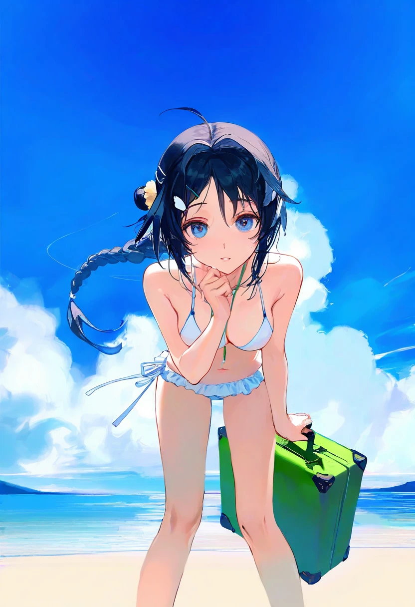 (rei \(sanbonzakura\),ciloranko,akizero1510),[as109],lam \(ramdayo\),ningen mame,[ask\(askzy\)],puuzaki puuna,[maccha \(mochancc\)],[wlop],[henreader], - 1girl,la pluma \(summer flowers\) \(arknights\),arknights,white bikini,outdoors,navel,day,sky,blue sky,beach,suitcase,looking at viewer,ocean,low-tied long hair,leaning forward,standing,holding,frills,hand up,bare shoulders,floating hair,