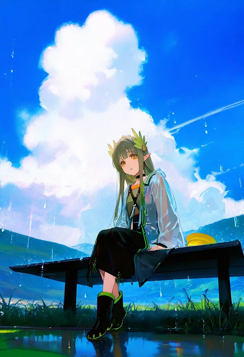 (rei \(sanbonzakura\),ciloranko,akizero1510),[as109],lam \(ramdayo\),ningen mame,[ask\(askzy\)],puuzaki puuna,[maccha \(mochancc\)],[wlop],[henreader], - 1girl,muelsyse \(arknights\),arknights,cloudy sky,grass,on bench,outdoors,rain,road,yellow rubber boots,see-through coat,sitting,transparent raincoat,water drop,