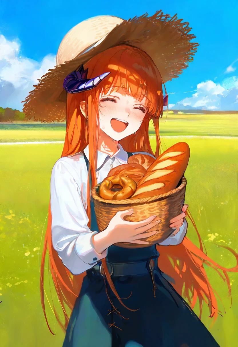(rei \(sanbonzakura\),ciloranko,akizero1510),[as109],lam \(ramdayo\),ningen mame,[ask\(askzy\)],puuzaki puuna,[maccha \(mochancc\)],[wlop],[henreader], - 1girl,bagpipe \(arknights\),arknights,baguette,blush,bread,croissant,holding basket,pretzel,upper body,straw hat,field,sky,laughing,sweat,sunlight,