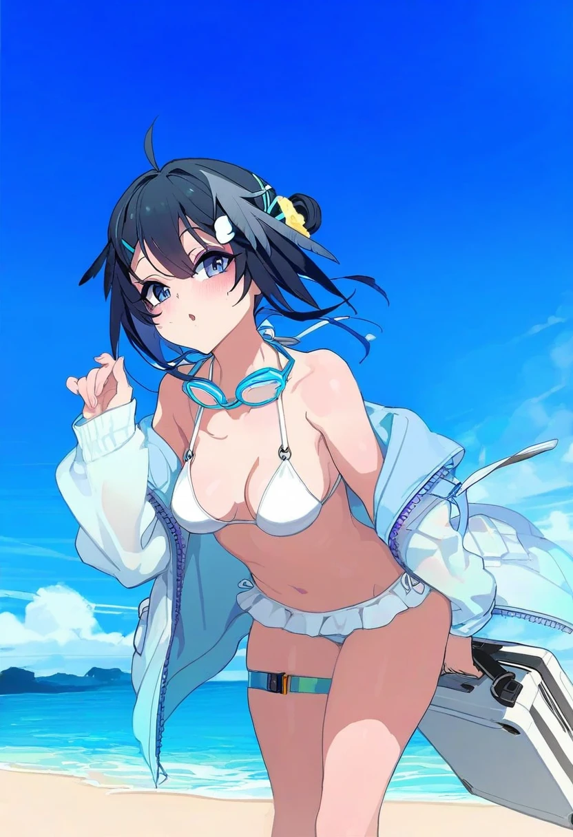 [akizero1510],kakure eria,rei \(sanbonzakura\),mochi \(circle rin\),karasu raven, - 1girl,la pluma \(summer flowers\) \(arknights\),arknights,white bikini,outdoors,navel,day,sky,blue sky,beach,suitcase,looking at viewer,ocean,low-tied long hair,leaning forward,standing,holding,frills,hand up,bare shoulders,floating hair,