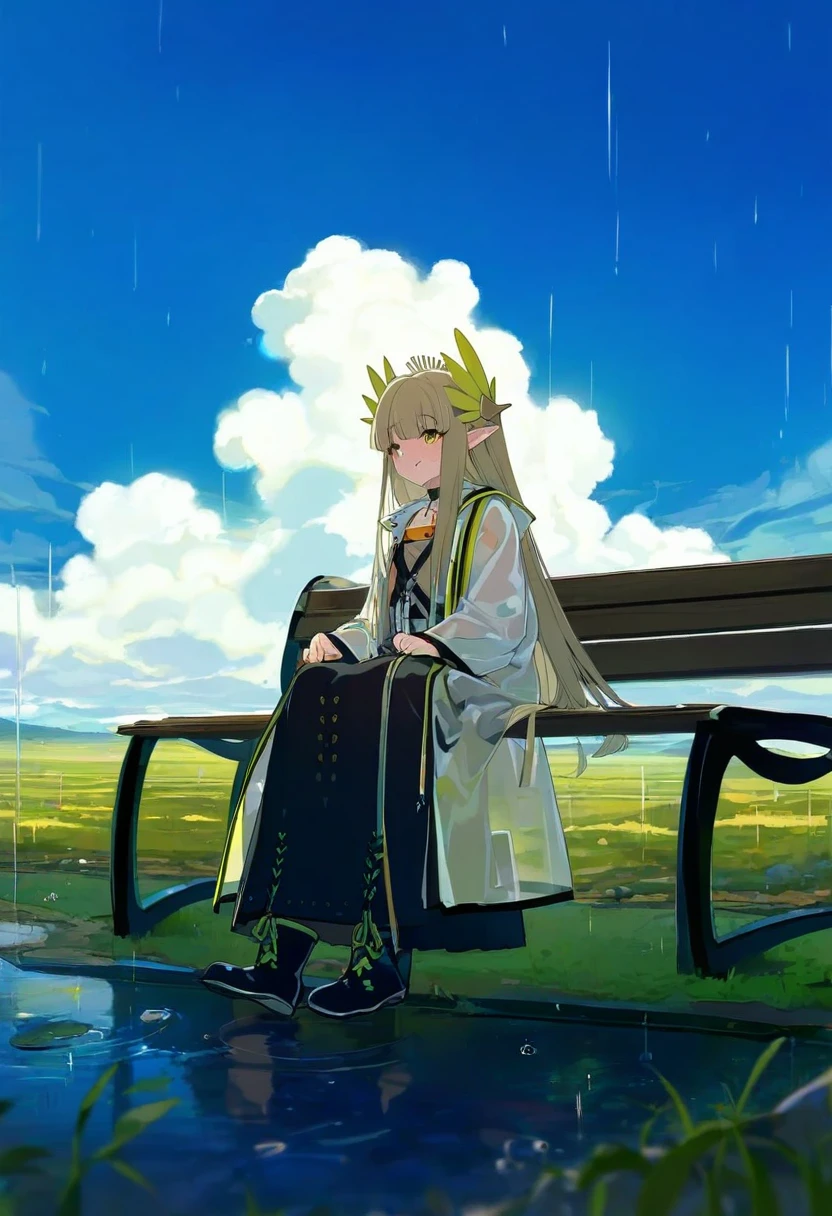 [akizero1510],kakure eria,rei \(sanbonzakura\),mochi \(circle rin\),karasu raven, - 1girl,muelsyse \(arknights\),arknights,cloudy sky,grass,on bench,outdoors,rain,road,yellow rubber boots,see-through coat,sitting,transparent raincoat,water drop,