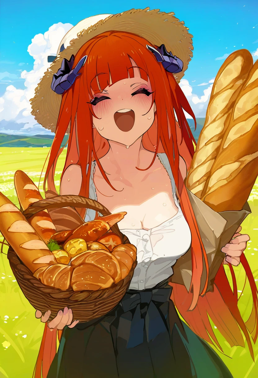 [akizero1510],kakure eria,rei \(sanbonzakura\),mochi \(circle rin\),karasu raven, - 1girl,bagpipe \(arknights\),arknights,baguette,blush,bread,croissant,holding basket,pretzel,upper body,straw hat,field,sky,laughing,sweat,sunlight,