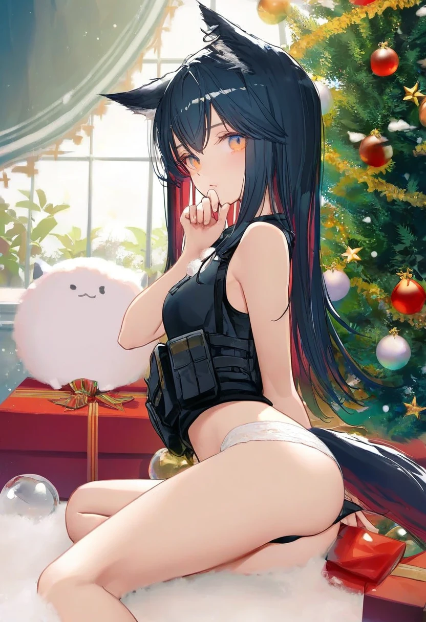 ningen mame,[kedama milk],[sho \(sho lwlw\)],[ask \(askzy\)],wanke,[[tianliang duohe fangdongye]],[wlop],kousaki ruri, - 1girl,texas \(arknights\),arknights,underwear,tactical vest,christmas tree,christmas ornaments,