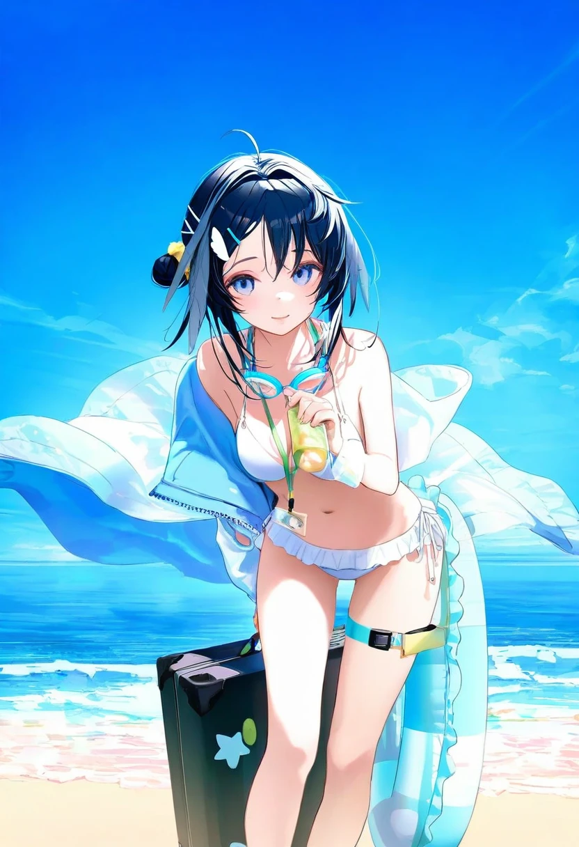 ningen mame,[kedama milk],[sho \(sho lwlw\)],[ask \(askzy\)],wanke,[[tianliang duohe fangdongye]],[wlop],kousaki ruri, - 1girl,la pluma \(summer flowers\) \(arknights\),arknights,white bikini,outdoors,navel,day,sky,blue sky,beach,suitcase,looking at viewer,ocean,low-tied long hair,leaning forward,standing,holding,frills,hand up,bare shoulders,floating hair,