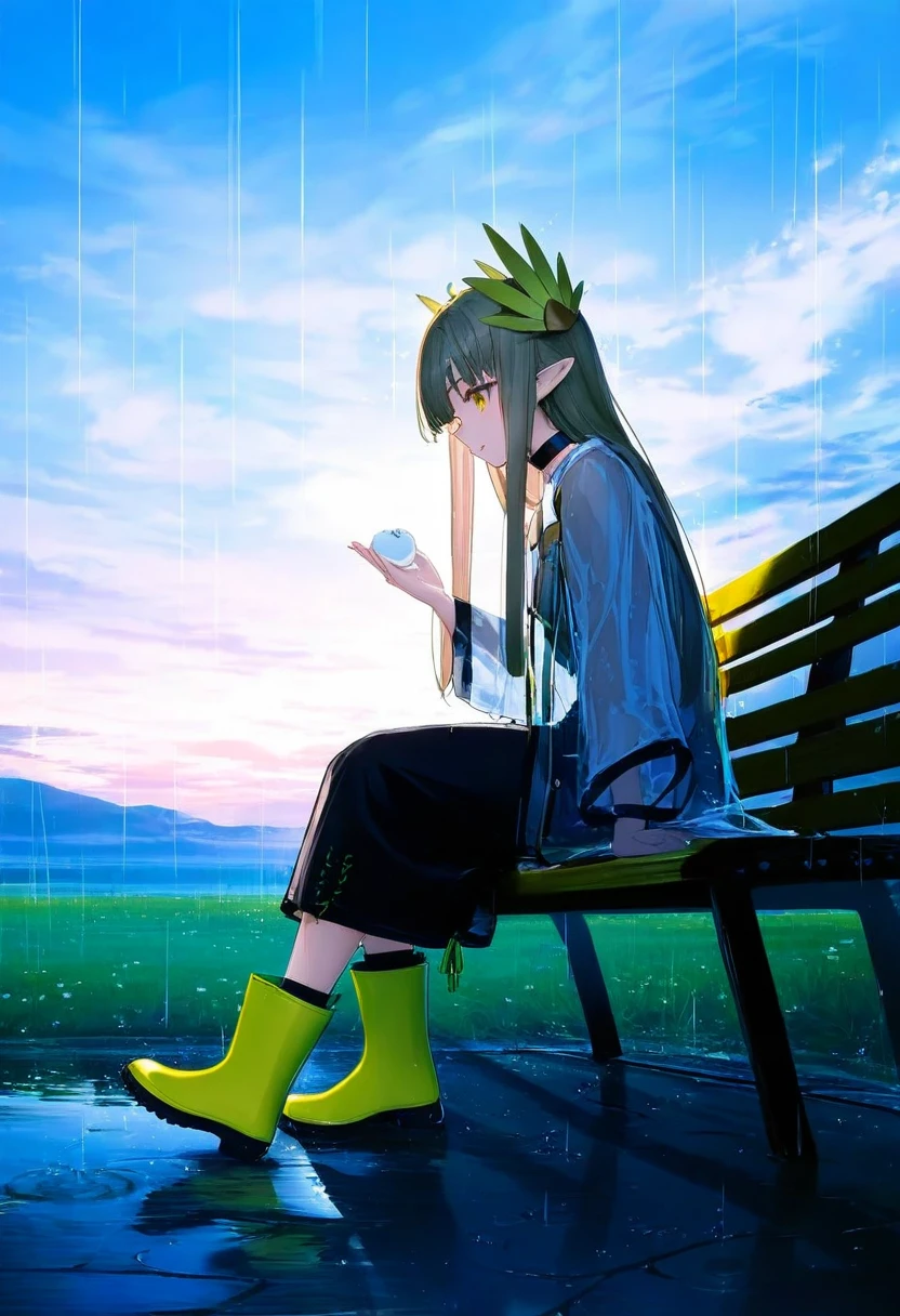 ningen mame,[kedama milk],[sho \(sho lwlw\)],[ask \(askzy\)],wanke,[[tianliang duohe fangdongye]],[wlop],kousaki ruri, - 1girl,muelsyse \(arknights\),arknights,cloudy sky,grass,on bench,outdoors,rain,road,yellow rubber boots,see-through coat,sitting,transparent raincoat,water drop,