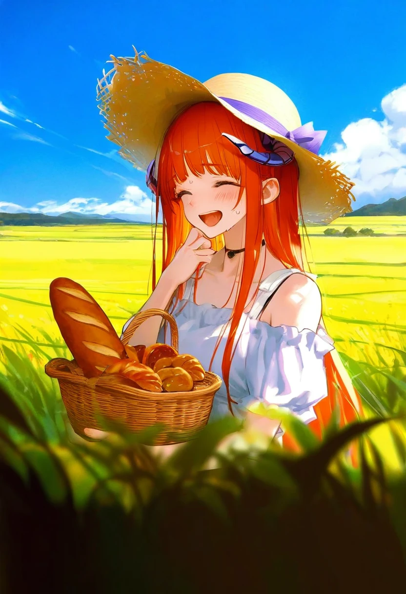ningen mame,[kedama milk],[sho \(sho lwlw\)],[ask \(askzy\)],wanke,[[tianliang duohe fangdongye]],[wlop],kousaki ruri, - 1girl,bagpipe \(arknights\),arknights,baguette,blush,bread,croissant,holding basket,pretzel,upper body,straw hat,field,sky,laughing,sweat,sunlight,