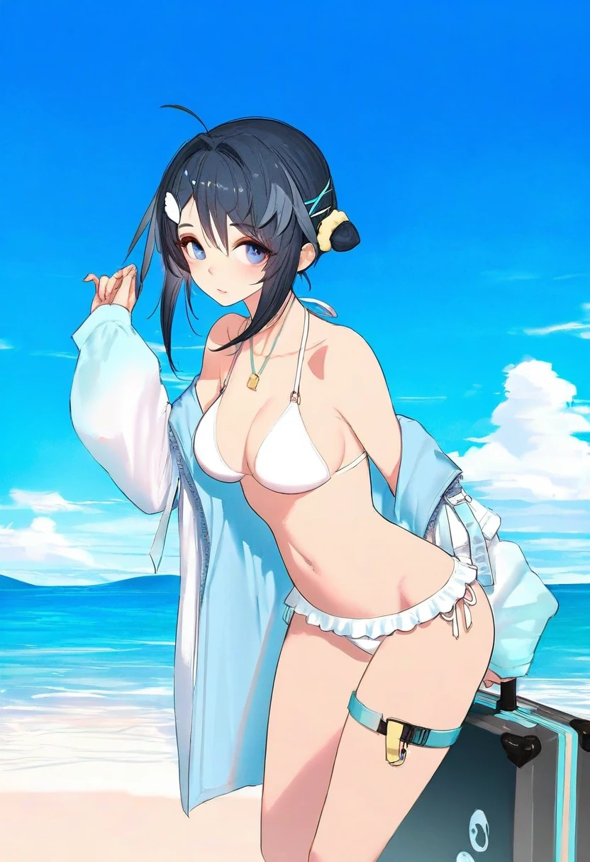 (kousaki ruri),ningen mame,fumio \(rsqkr\),[sho \(sho lwlw\)],[ask \(askzy\)],wanke,[[tianliang duohe fangdongye]],[wlop], - 1girl,la pluma \(summer flowers\) \(arknights\),arknights,white bikini,outdoors,navel,day,sky,blue sky,beach,suitcase,looking at viewer,ocean,low-tied long hair,leaning forward,standing,holding,frills,hand up,bare shoulders,floating hair,