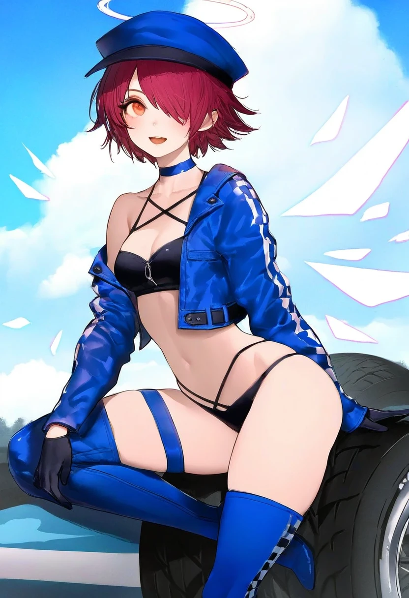 (kousaki ruri),ningen mame,fumio \(rsqkr\),[sho \(sho lwlw\)],[ask \(askzy\)],wanke,[[tianliang duohe fangdongye]],[wlop], - 1girl,exusiai \(arknights\),arknights,black gloves,black panties,blue thigh boots,blue hat,blue jacket,long sleeves,race queen,thigh strap,thong,single bare shoulder,skindentation,tire,