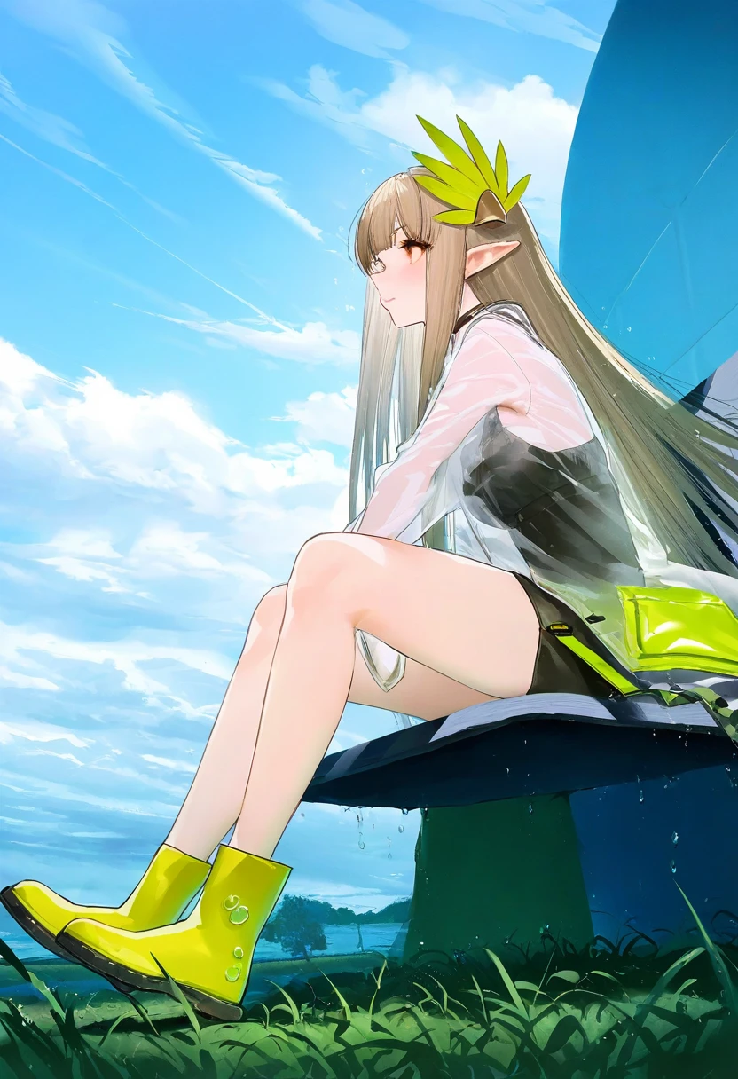 (kousaki ruri),ningen mame,fumio \(rsqkr\),[sho \(sho lwlw\)],[ask \(askzy\)],wanke,[[tianliang duohe fangdongye]],[wlop], - 1girl,muelsyse \(arknights\),arknights,cloudy sky,grass,on bench,outdoors,rain,road,yellow rubber boots,see-through coat,sitting,transparent raincoat,water drop,