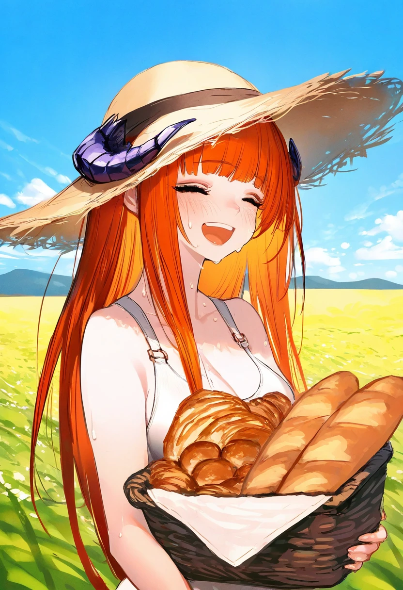 (kousaki ruri),ningen mame,fumio \(rsqkr\),[sho \(sho lwlw\)],[ask \(askzy\)],wanke,[[tianliang duohe fangdongye]],[wlop], - 1girl,bagpipe \(arknights\),arknights,baguette,blush,bread,croissant,holding basket,pretzel,upper body,straw hat,field,sky,laughing,sweat,sunlight,