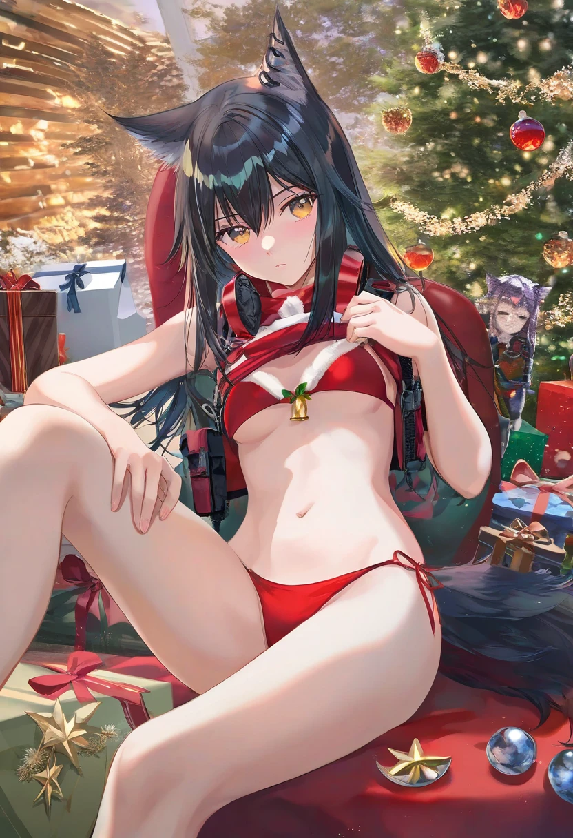 [kedama milk],[ask \(askzy\)],wanke,[wlop],(artist atdan),kousaki ruri,(artist haneru),(artist torino aqua), - 1girl,texas \(arknights\),arknights,underwear,tactical vest,christmas tree,christmas ornaments,