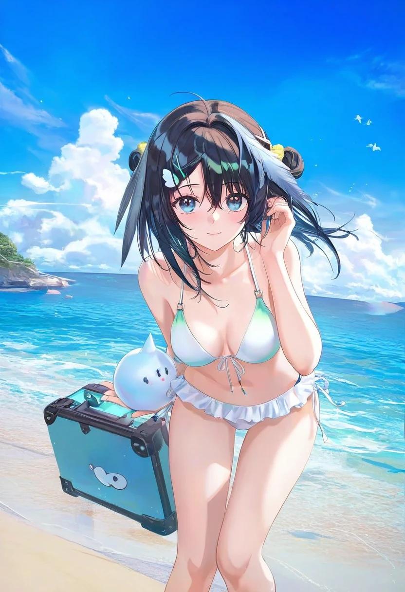 [kedama milk],[ask \(askzy\)],wanke,[wlop],(artist atdan),kousaki ruri,(artist haneru),(artist torino aqua), - 1girl,la pluma \(summer flowers\) \(arknights\),arknights,white bikini,outdoors,navel,day,sky,blue sky,beach,suitcase,looking at viewer,ocean,low-tied long hair,leaning forward,standing,holding,frills,hand up,bare shoulders,floating hair,
