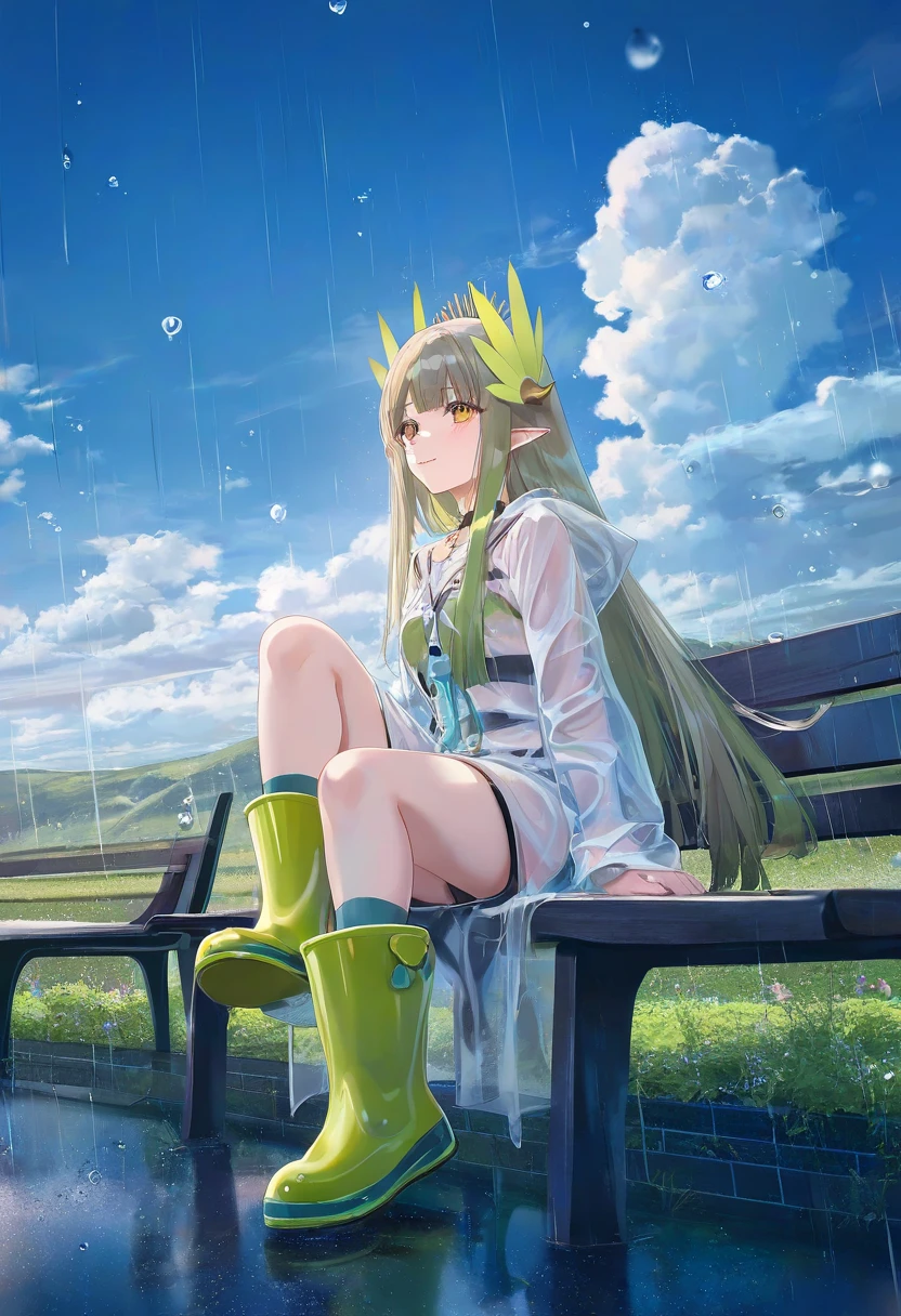[kedama milk],[ask \(askzy\)],wanke,[wlop],(artist atdan),kousaki ruri,(artist haneru),(artist torino aqua), - 1girl,muelsyse \(arknights\),arknights,cloudy sky,grass,on bench,outdoors,rain,road,yellow rubber boots,see-through coat,sitting,transparent raincoat,water drop,