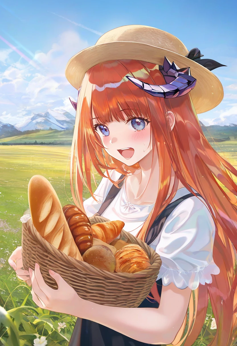 [kedama milk],[ask \(askzy\)],wanke,[wlop],(artist atdan),kousaki ruri,(artist haneru),(artist torino aqua), - 1girl,bagpipe \(arknights\),arknights,baguette,blush,bread,croissant,holding basket,pretzel,upper body,straw hat,field,sky,laughing,sweat,sunlight,