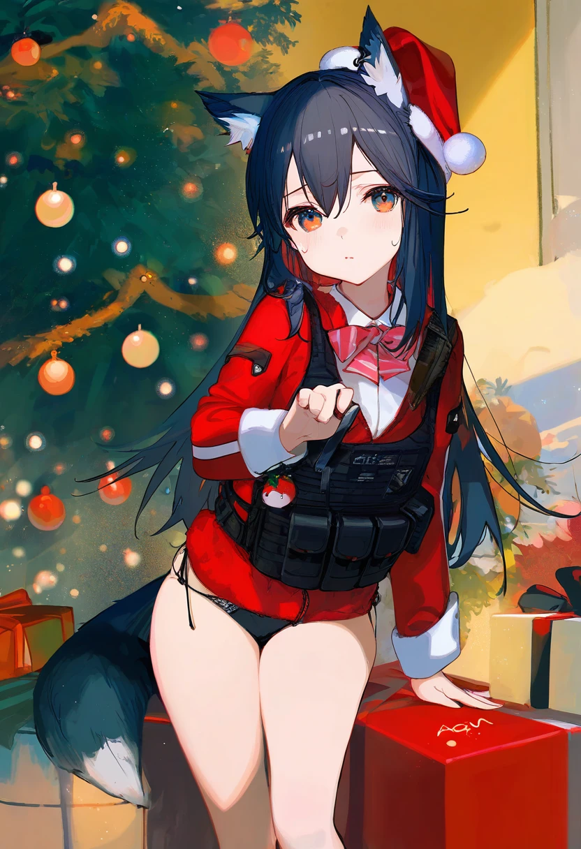 [kedama milk],mika pikazo,ciloranko,akizero1510,kukka,ask\(askzy\),wlop,[omone hokoma agm], - 1girl,texas \(arknights\),arknights,underwear,tactical vest,christmas tree,christmas ornaments,