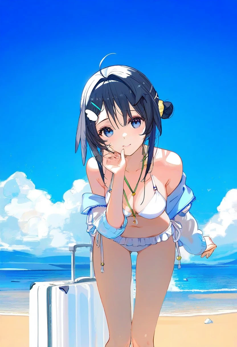 [kedama milk],mika pikazo,ciloranko,akizero1510,kukka,ask\(askzy\),wlop,[omone hokoma agm], - 1girl,la pluma \(summer flowers\) \(arknights\),arknights,white bikini,outdoors,navel,day,sky,blue sky,beach,suitcase,looking at viewer,ocean,low-tied long hair,leaning forward,standing,holding,frills,hand up,bare shoulders,floating hair,