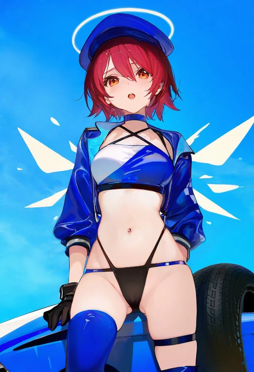 [kedama milk],mika pikazo,ciloranko,akizero1510,kukka,ask\(askzy\),wlop,[omone hokoma agm], - 1girl,exusiai \(arknights\),arknights,black gloves,black panties,blue thigh boots,blue hat,blue jacket,long sleeves,race queen,thigh strap,thong,single bare shoulder,skindentation,tire,