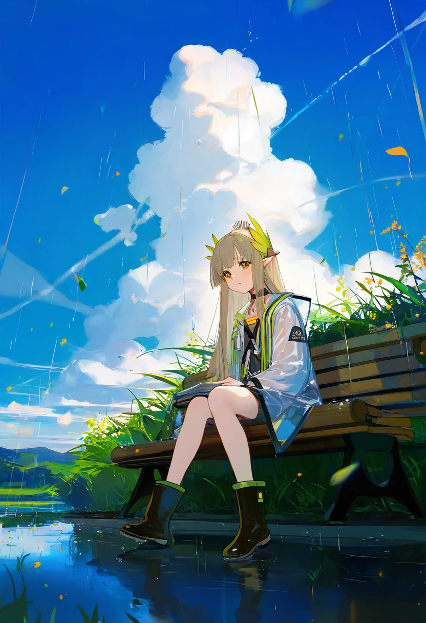 [kedama milk],mika pikazo,ciloranko,akizero1510,kukka,ask\(askzy\),wlop,[omone hokoma agm], - 1girl,muelsyse \(arknights\),arknights,cloudy sky,grass,on bench,outdoors,rain,road,yellow rubber boots,see-through coat,sitting,transparent raincoat,water drop,