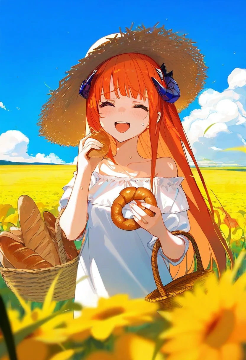 [kedama milk],mika pikazo,ciloranko,akizero1510,kukka,ask\(askzy\),wlop,[omone hokoma agm], - 1girl,bagpipe \(arknights\),arknights,baguette,blush,bread,croissant,holding basket,pretzel,upper body,straw hat,field,sky,laughing,sweat,sunlight,