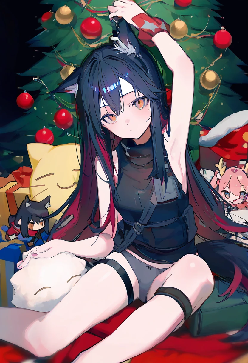 [ningen mame],mochizuki kei,kedama milk,namie,huanxiang heitu,liduke, - 1girl,texas \(arknights\),arknights,underwear,tactical vest,christmas tree,christmas ornaments,