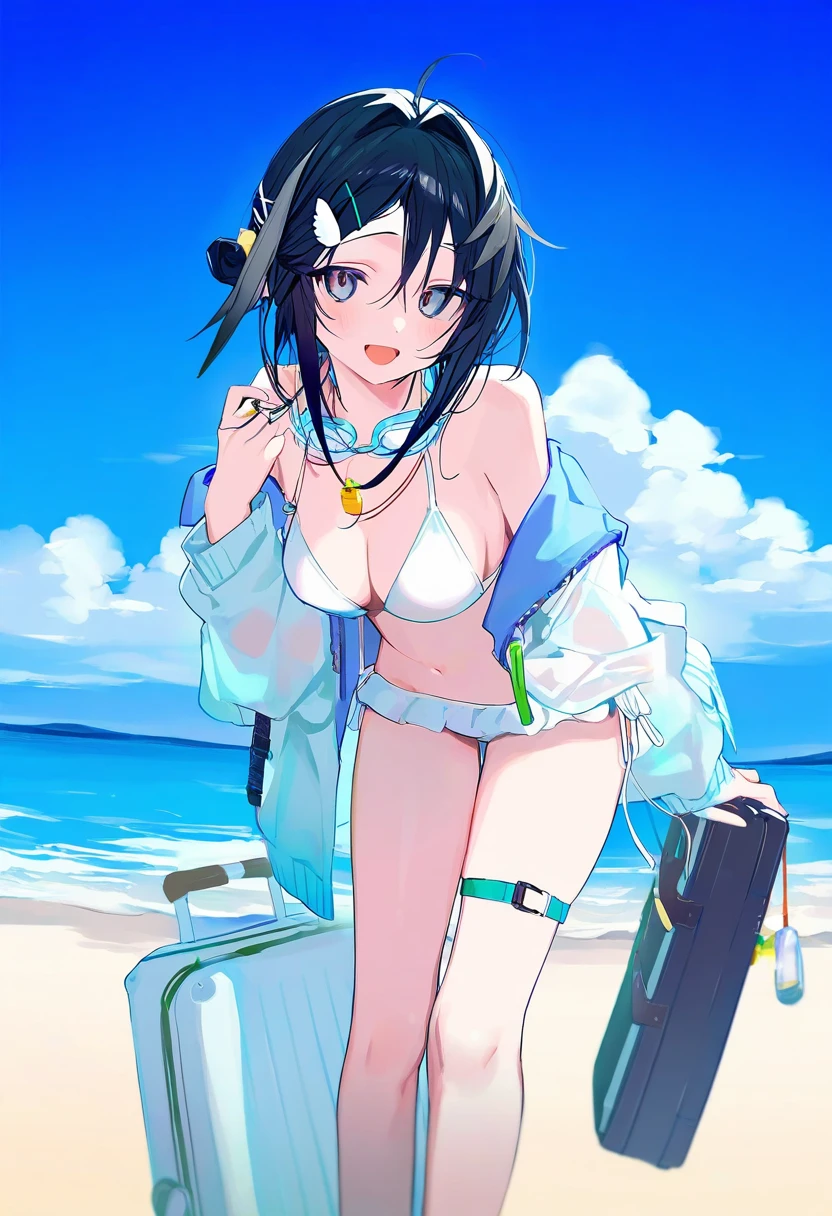 [ningen mame],mochizuki kei,kedama milk,namie,huanxiang heitu,liduke, - 1girl,la pluma \(summer flowers\) \(arknights\),arknights,white bikini,outdoors,navel,day,sky,blue sky,beach,suitcase,looking at viewer,ocean,low-tied long hair,leaning forward,standing,holding,frills,hand up,bare shoulders,floating hair,