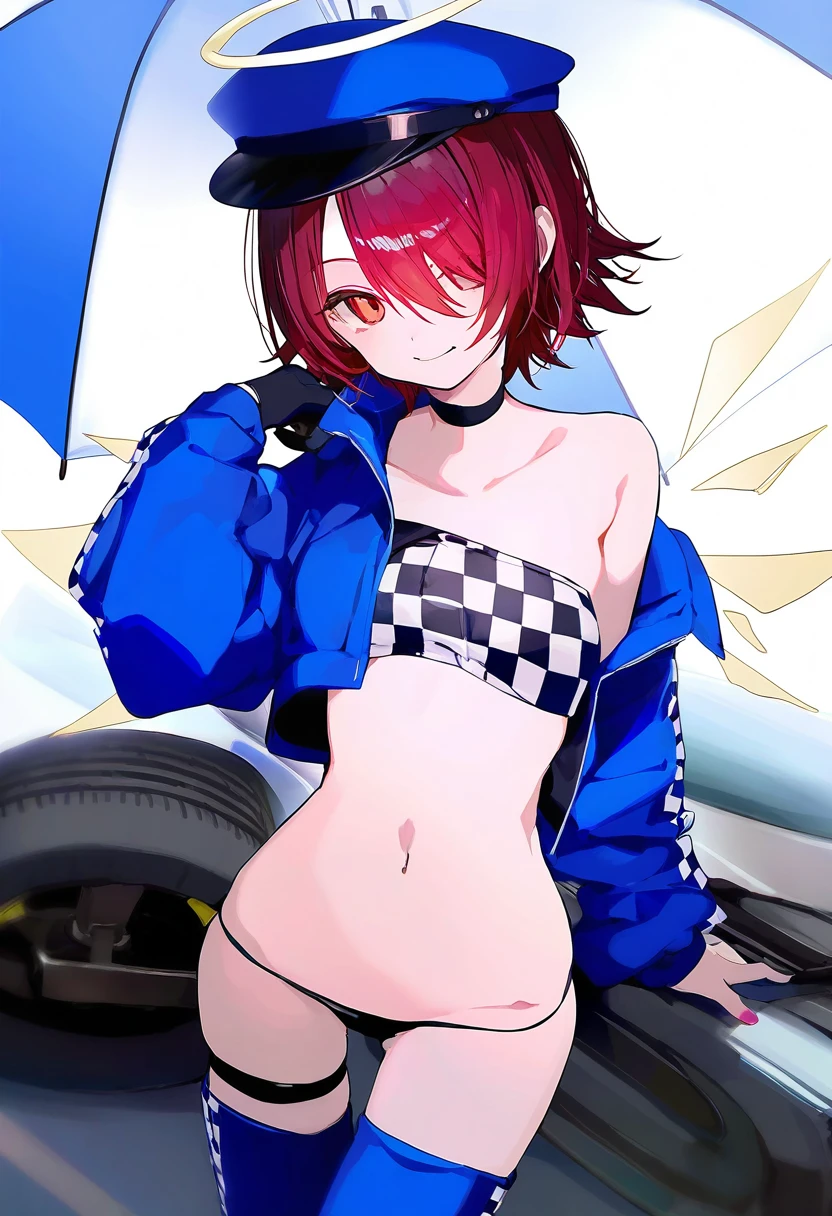 [ningen mame],mochizuki kei,kedama milk,namie,huanxiang heitu,liduke, - 1girl,exusiai \(arknights\),arknights,black gloves,black panties,blue thigh boots,blue hat,blue jacket,long sleeves,race queen,thigh strap,thong,single bare shoulder,skindentation,tire,