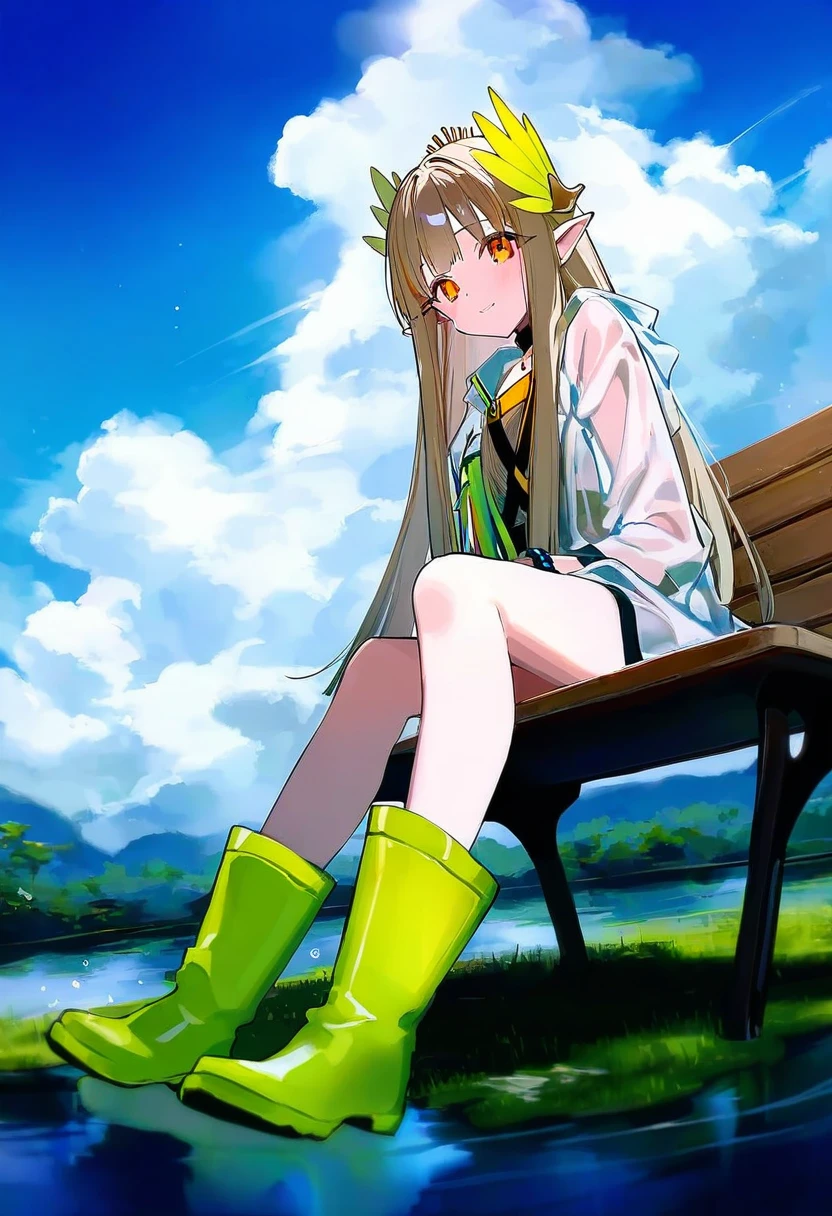 [ningen mame],mochizuki kei,kedama milk,namie,huanxiang heitu,liduke, - 1girl,muelsyse \(arknights\),arknights,cloudy sky,grass,on bench,outdoors,rain,road,yellow rubber boots,see-through coat,sitting,transparent raincoat,water drop,