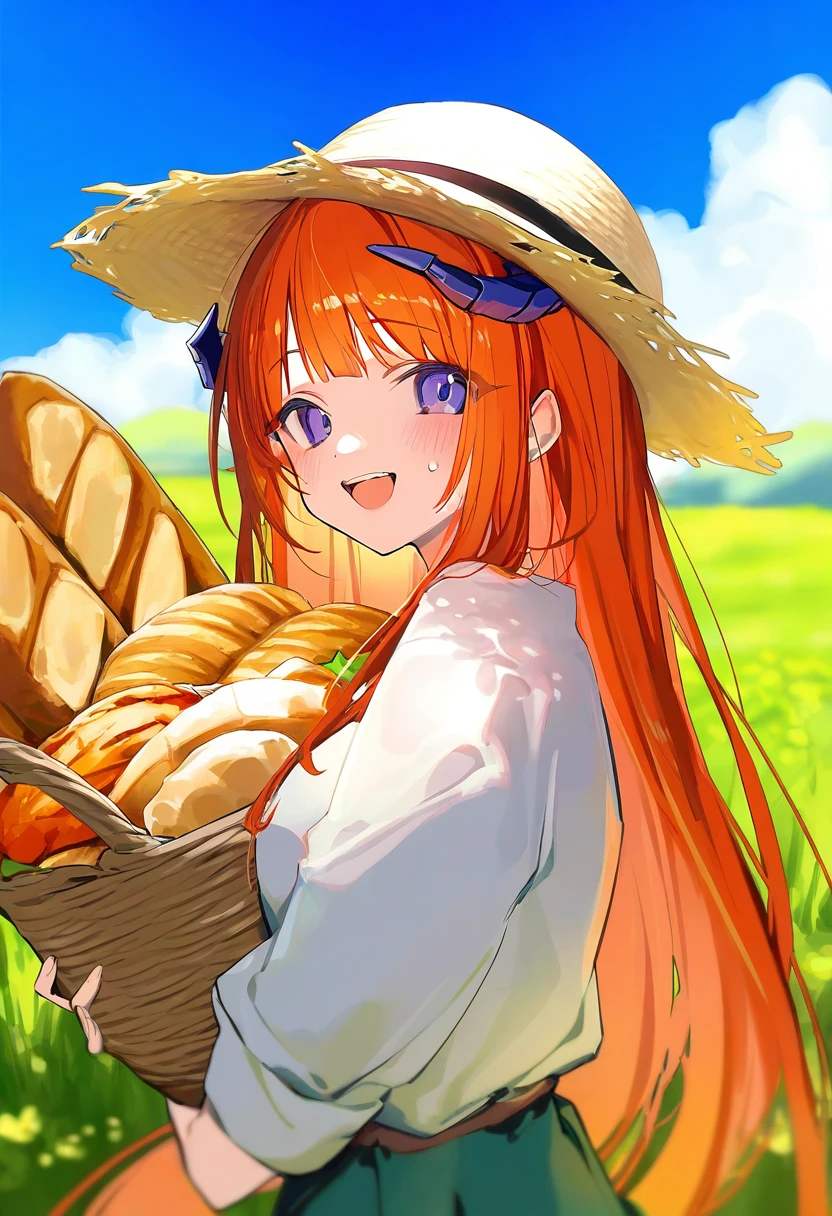 [ningen mame],mochizuki kei,kedama milk,namie,huanxiang heitu,liduke, - 1girl,bagpipe \(arknights\),arknights,baguette,blush,bread,croissant,holding basket,pretzel,upper body,straw hat,field,sky,laughing,sweat,sunlight,