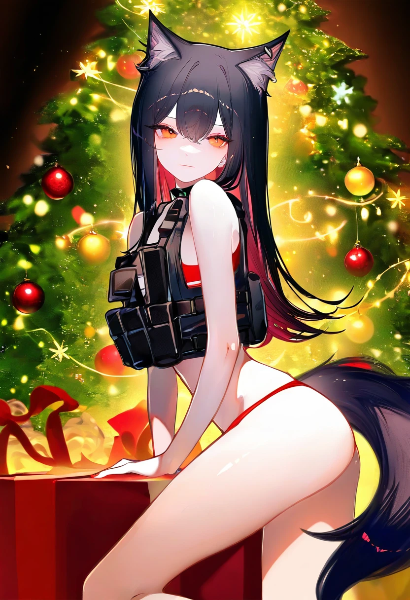 sheya,ask\(askzy\),hoji\(hooooooooji1029\), - 1girl,texas \(arknights\),arknights,underwear,tactical vest,christmas tree,christmas ornaments,