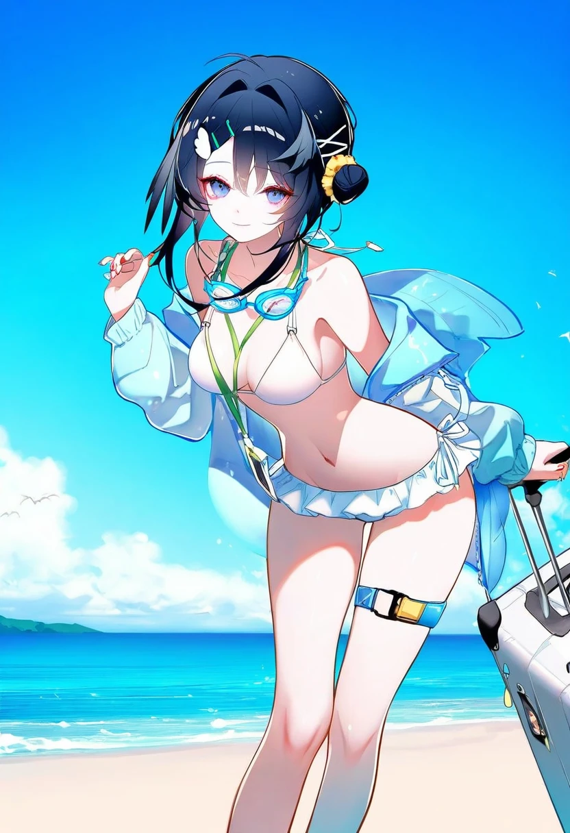 sheya,ask\(askzy\),hoji\(hooooooooji1029\), - 1girl,la pluma \(summer flowers\) \(arknights\),arknights,white bikini,outdoors,navel,day,sky,blue sky,beach,suitcase,looking at viewer,ocean,low-tied long hair,leaning forward,standing,holding,frills,hand up,bare shoulders,floating hair,