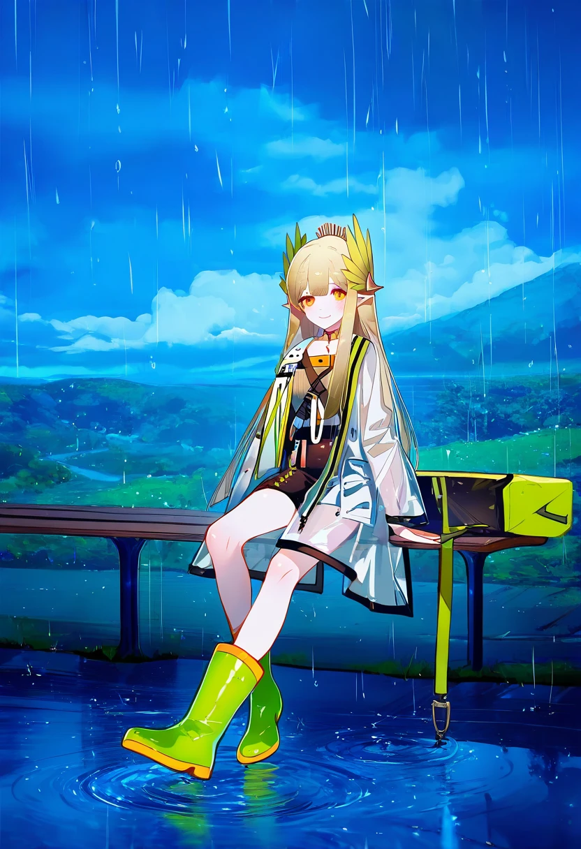 sheya,ask\(askzy\),hoji\(hooooooooji1029\), - 1girl,muelsyse \(arknights\),arknights,cloudy sky,grass,on bench,outdoors,rain,road,yellow rubber boots,see-through coat,sitting,transparent raincoat,water drop,