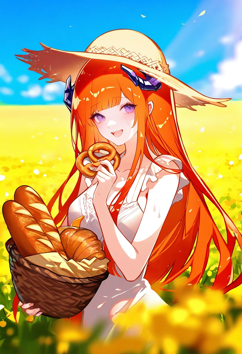 sheya,ask\(askzy\),hoji\(hooooooooji1029\), - 1girl,bagpipe \(arknights\),arknights,baguette,blush,bread,croissant,holding basket,pretzel,upper body,straw hat,field,sky,laughing,sweat,sunlight,