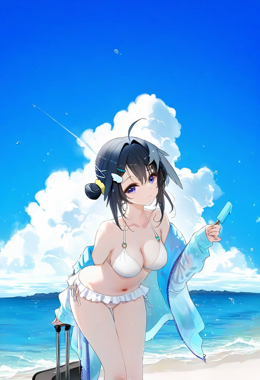 [ningen mame],chen bin,omone hokoma agm,kinhasu,rella,konya karasue,fuzichoco,[[[tianliang duohe fangdongye]]],wlop, - 1girl,la pluma \(summer flowers\) \(arknights\),arknights,white bikini,outdoors,navel,day,sky,blue sky,beach,suitcase,looking at viewer,ocean,low-tied long hair,leaning forward,standing,holding,frills,hand up,bare shoulders,floating hair,