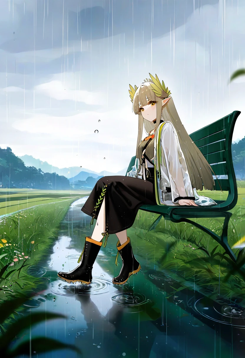 [ningen mame],chen bin,omone hokoma agm,kinhasu,rella,konya karasue,fuzichoco,[[[tianliang duohe fangdongye]]],wlop, - 1girl,muelsyse \(arknights\),arknights,cloudy sky,grass,on bench,outdoors,rain,road,yellow rubber boots,see-through coat,sitting,transparent raincoat,water drop,