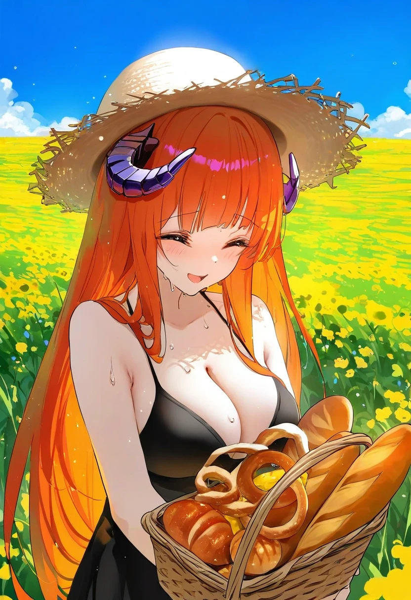 [ningen mame],chen bin,omone hokoma agm,kinhasu,rella,konya karasue,fuzichoco,[[[tianliang duohe fangdongye]]],wlop, - 1girl,bagpipe \(arknights\),arknights,baguette,blush,bread,croissant,holding basket,pretzel,upper body,straw hat,field,sky,laughing,sweat,sunlight,