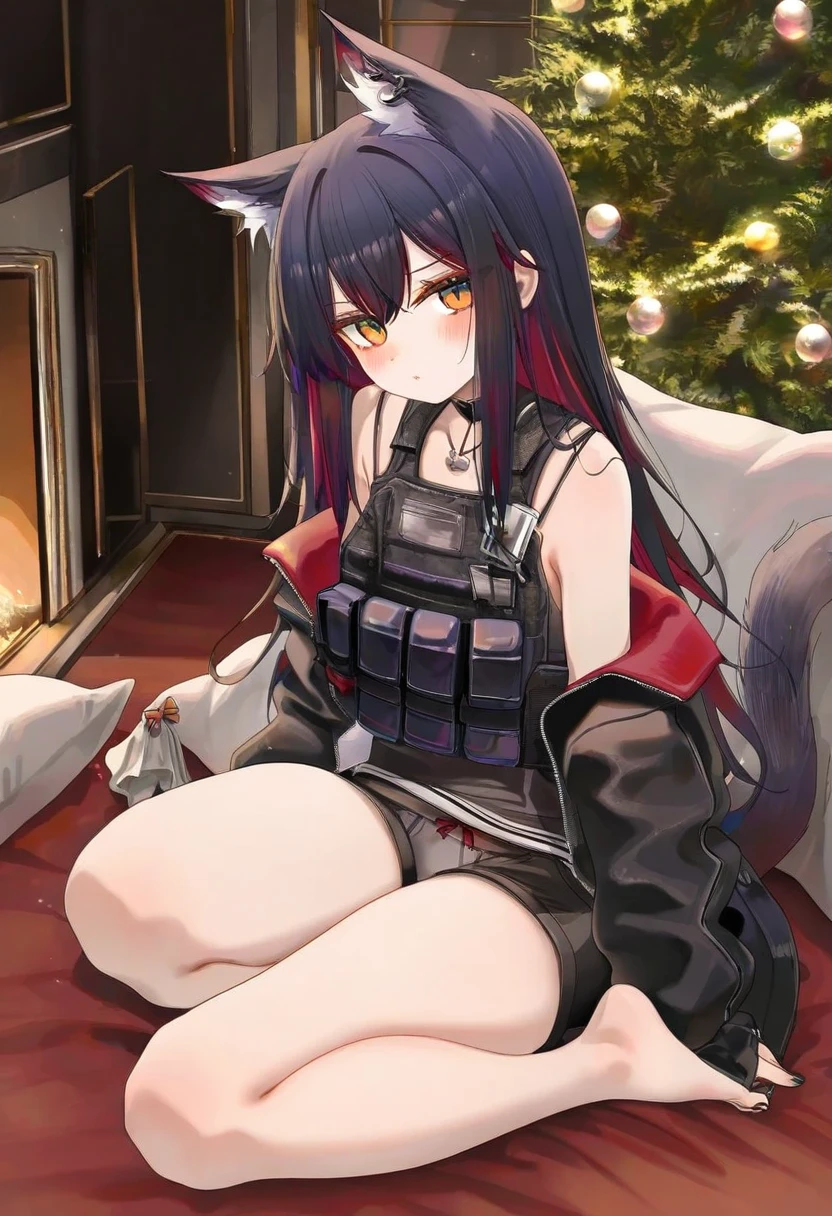 ru zhai,[ningen mame],chen bin,kinhasu,rella,konya karasue,fuzichoco,[[[tianliang duohe fangdongye]]], - 1girl,texas \(arknights\),arknights,underwear,tactical vest,christmas tree,christmas ornaments,
