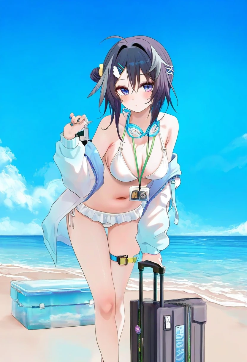 ru zhai,[ningen mame],chen bin,kinhasu,rella,konya karasue,fuzichoco,[[[tianliang duohe fangdongye]]], - 1girl,la pluma \(summer flowers\) \(arknights\),arknights,white bikini,outdoors,navel,day,sky,blue sky,beach,suitcase,looking at viewer,ocean,low-tied long hair,leaning forward,standing,holding,frills,hand up,bare shoulders,floating hair,
