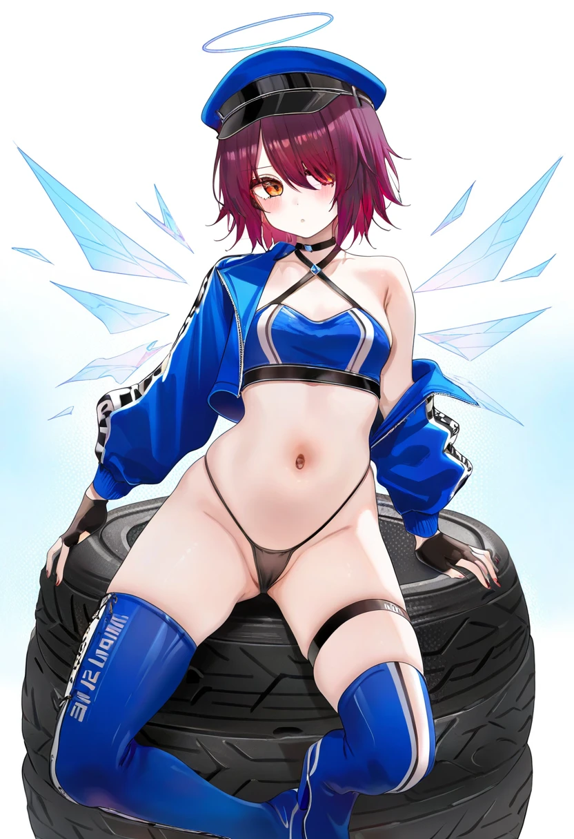ru zhai,[ningen mame],chen bin,kinhasu,rella,konya karasue,fuzichoco,[[[tianliang duohe fangdongye]]], - 1girl,exusiai \(arknights\),arknights,black gloves,black panties,blue thigh boots,blue hat,blue jacket,long sleeves,race queen,thigh strap,thong,single bare shoulder,skindentation,tire,