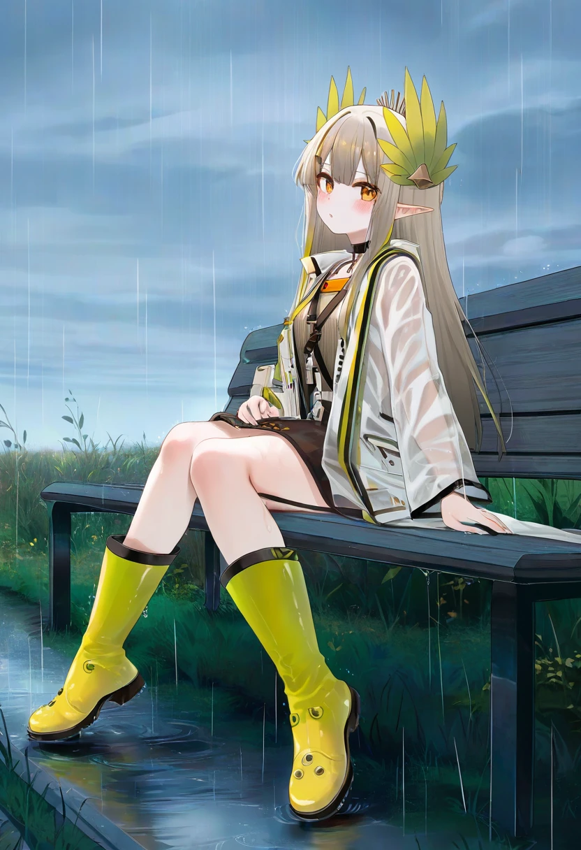 ru zhai,[ningen mame],chen bin,kinhasu,rella,konya karasue,fuzichoco,[[[tianliang duohe fangdongye]]], - 1girl,muelsyse \(arknights\),arknights,cloudy sky,grass,on bench,outdoors,rain,road,yellow rubber boots,see-through coat,sitting,transparent raincoat,water drop,