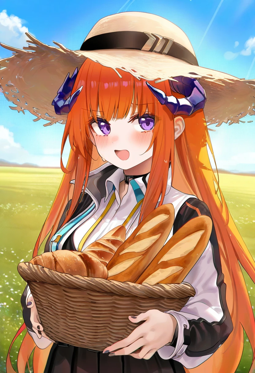 ru zhai,[ningen mame],chen bin,kinhasu,rella,konya karasue,fuzichoco,[[[tianliang duohe fangdongye]]], - 1girl,bagpipe \(arknights\),arknights,baguette,blush,bread,croissant,holding basket,pretzel,upper body,straw hat,field,sky,laughing,sweat,sunlight,